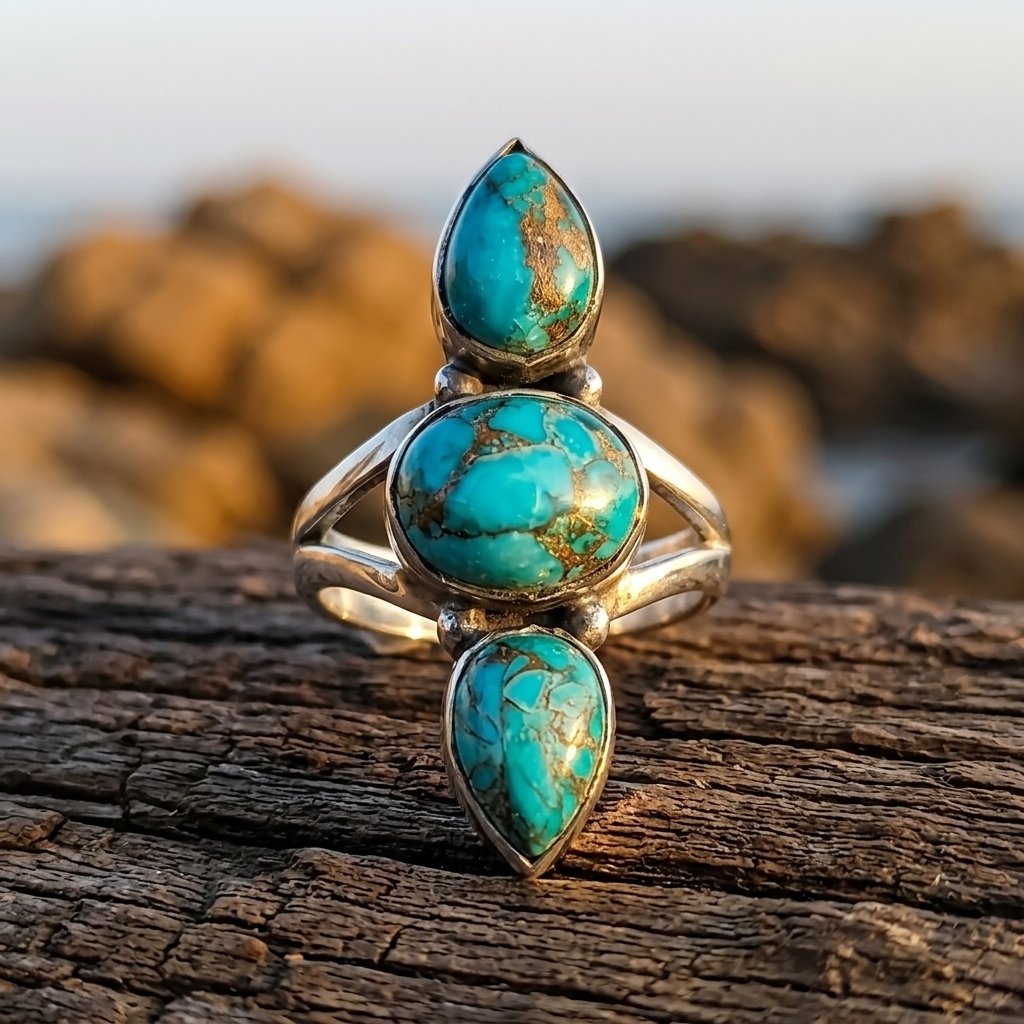 Boho Silver Turquoise Teardrop Ring