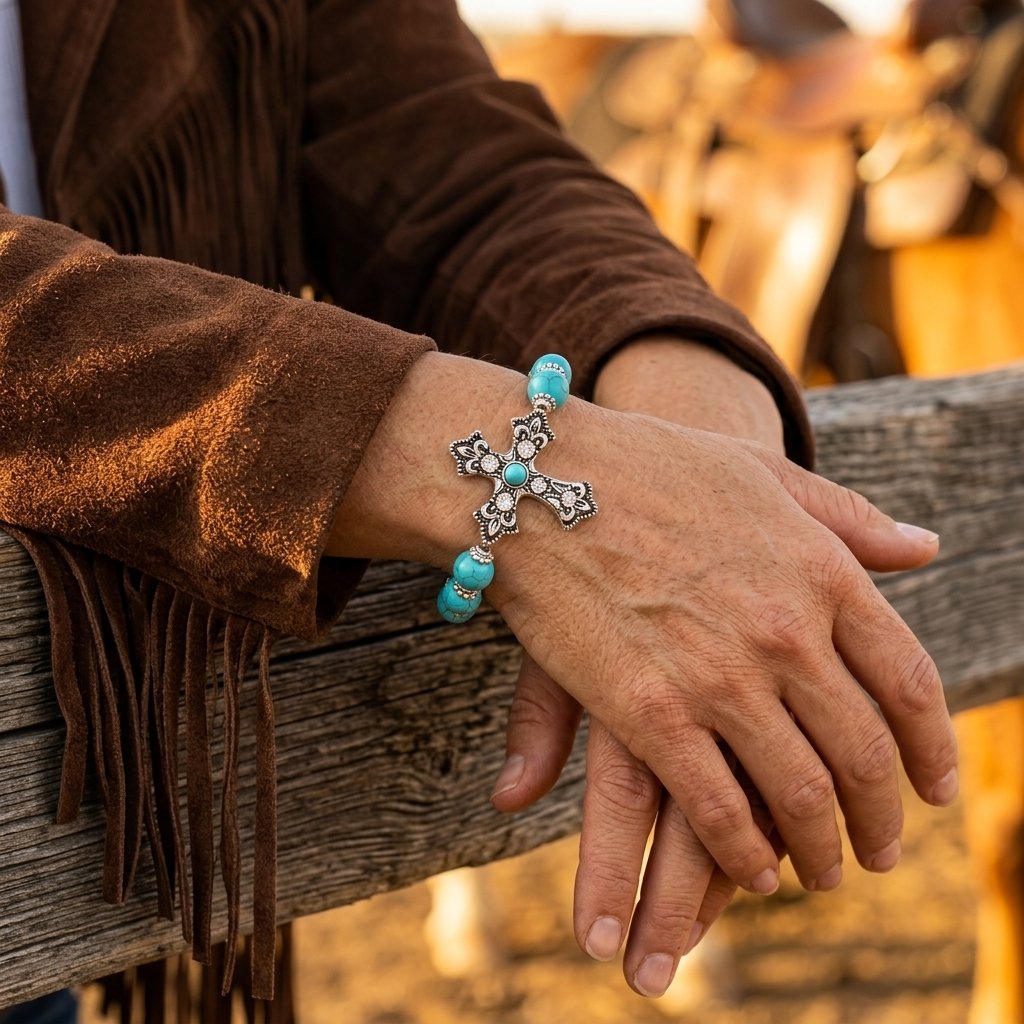 Western Silver Turquoise Filigree Cross Bracelet