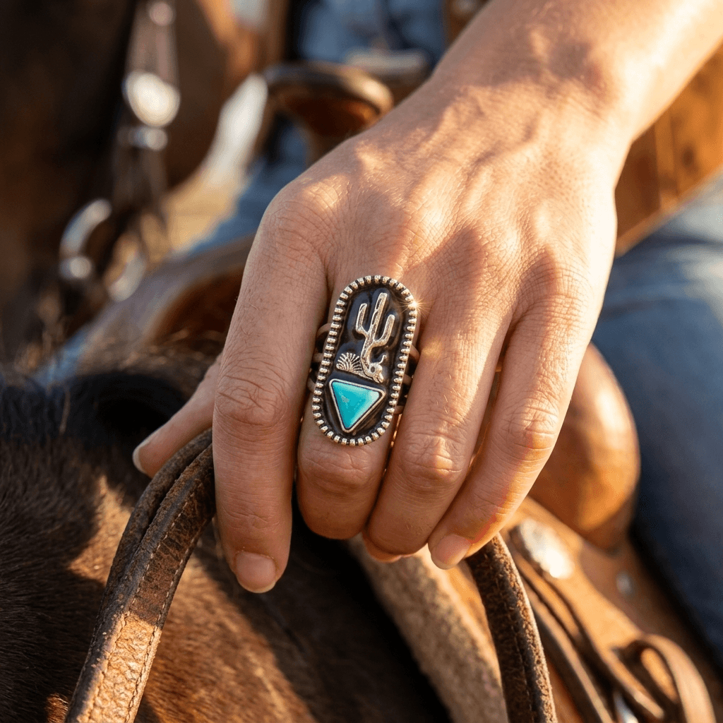 Retro Distressed Turquoise Cactus Statement Ring