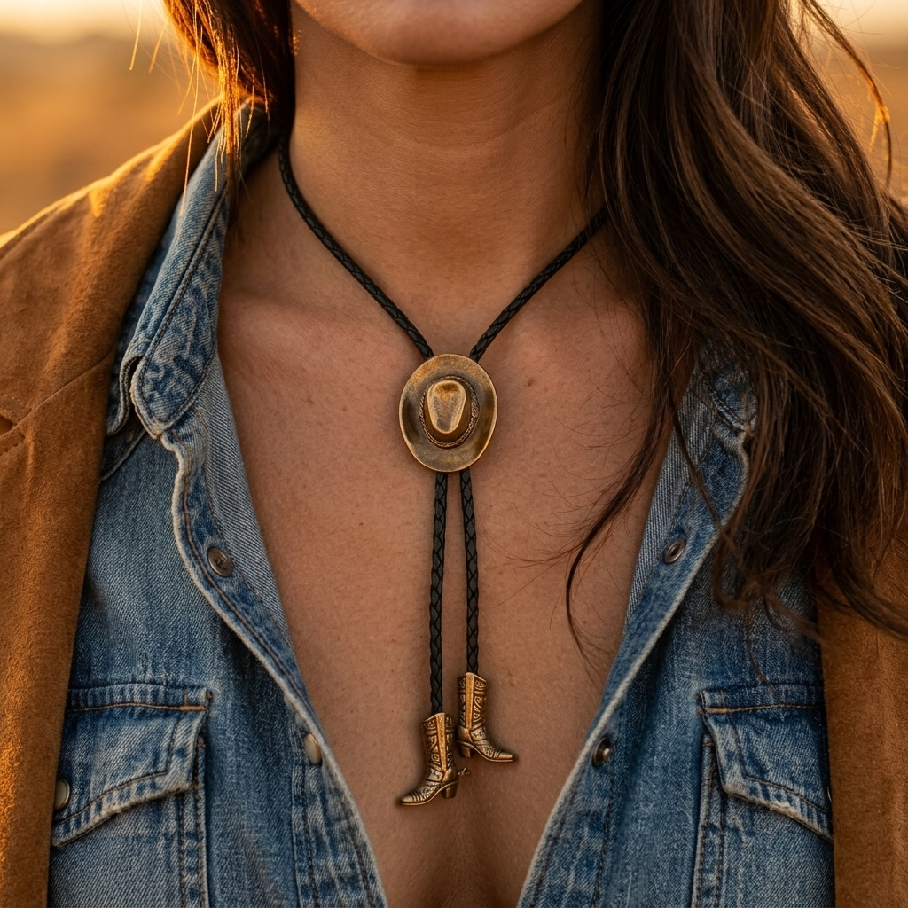 Western Style Brass Cowboy Hat Boots Pendant Necklace