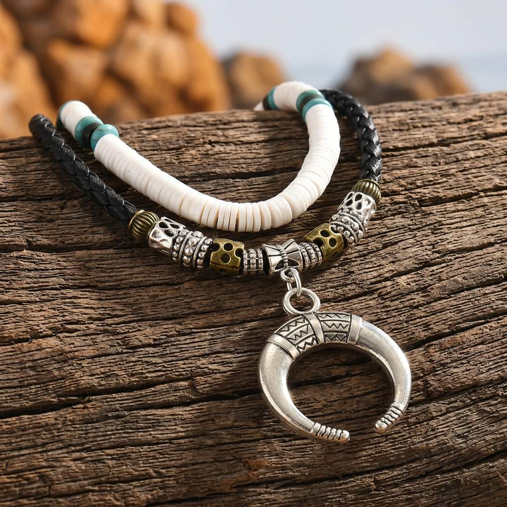 Tribal Silver Crescent Moon Pendant Bracelet