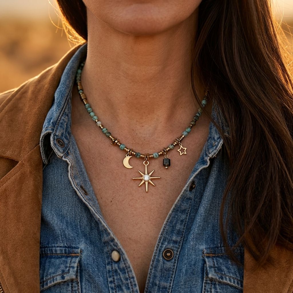 Celestial Gold Beaded Star Moon Necklace