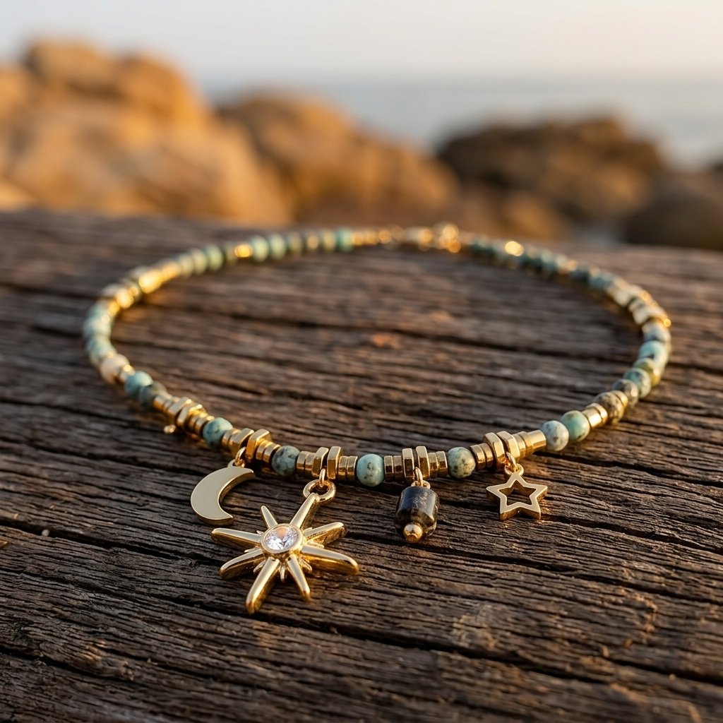Celestial Gold Beaded Star Moon Necklace