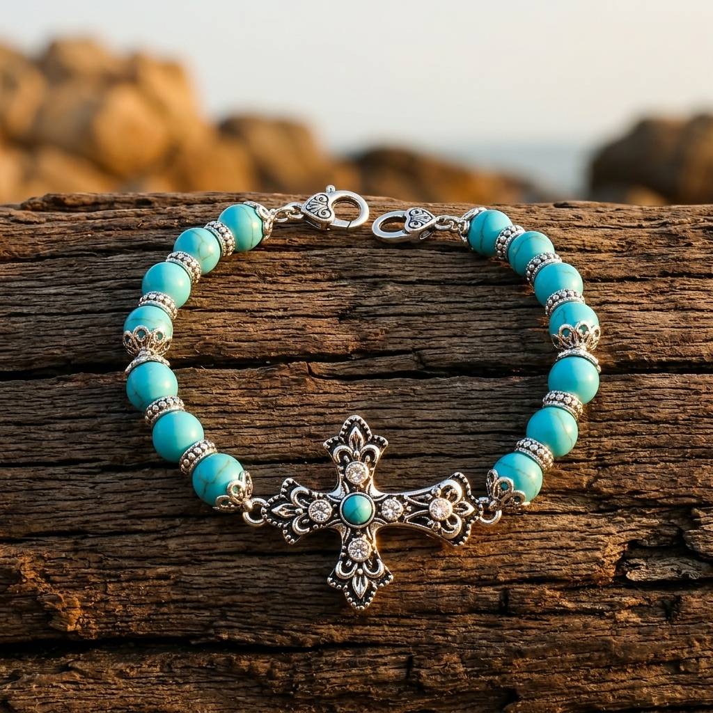 Western Silver Turquoise Filigree Cross Bracelet