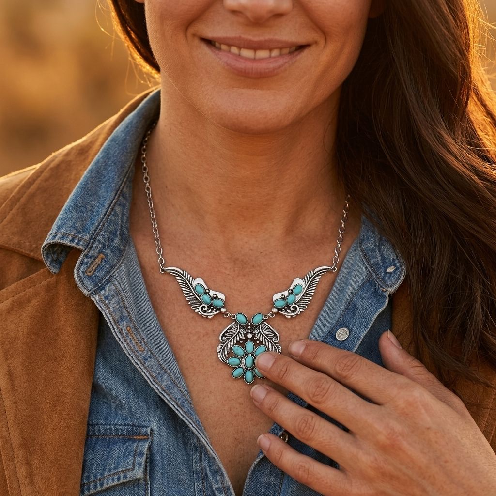 Bohemian Silver Turquoise Filigree Wing Necklace