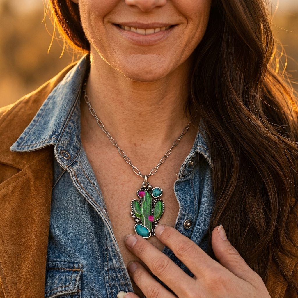 Boho Silver Cactus Turquoise Necklace