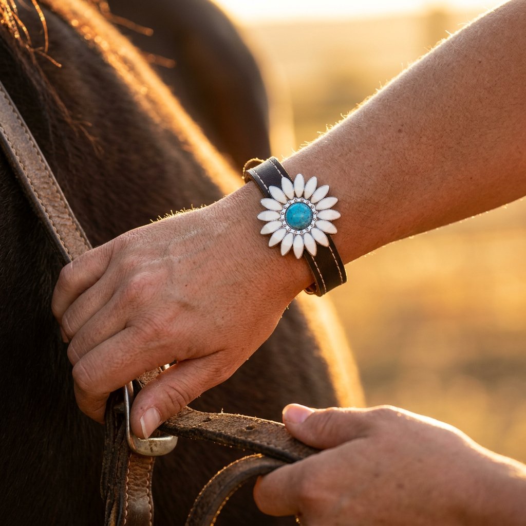 Boho Brown Leather Turquoise Daisy Bracelet