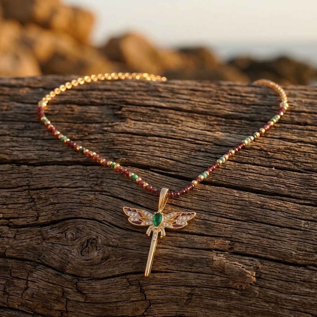 Bohemian Gold Tourmaline Dragonfly Pendant Necklace