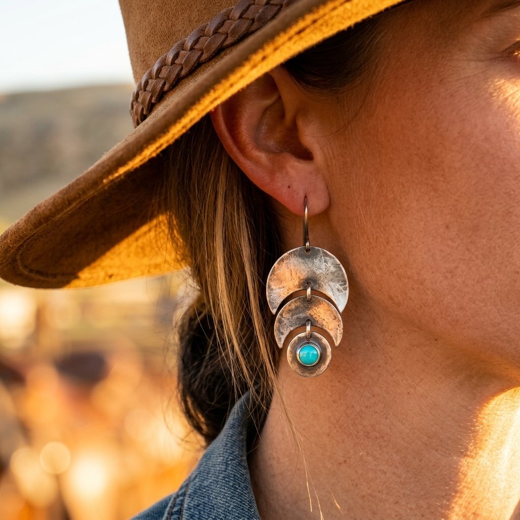 Boho Hammered Silver Turquoise Moon Earrings