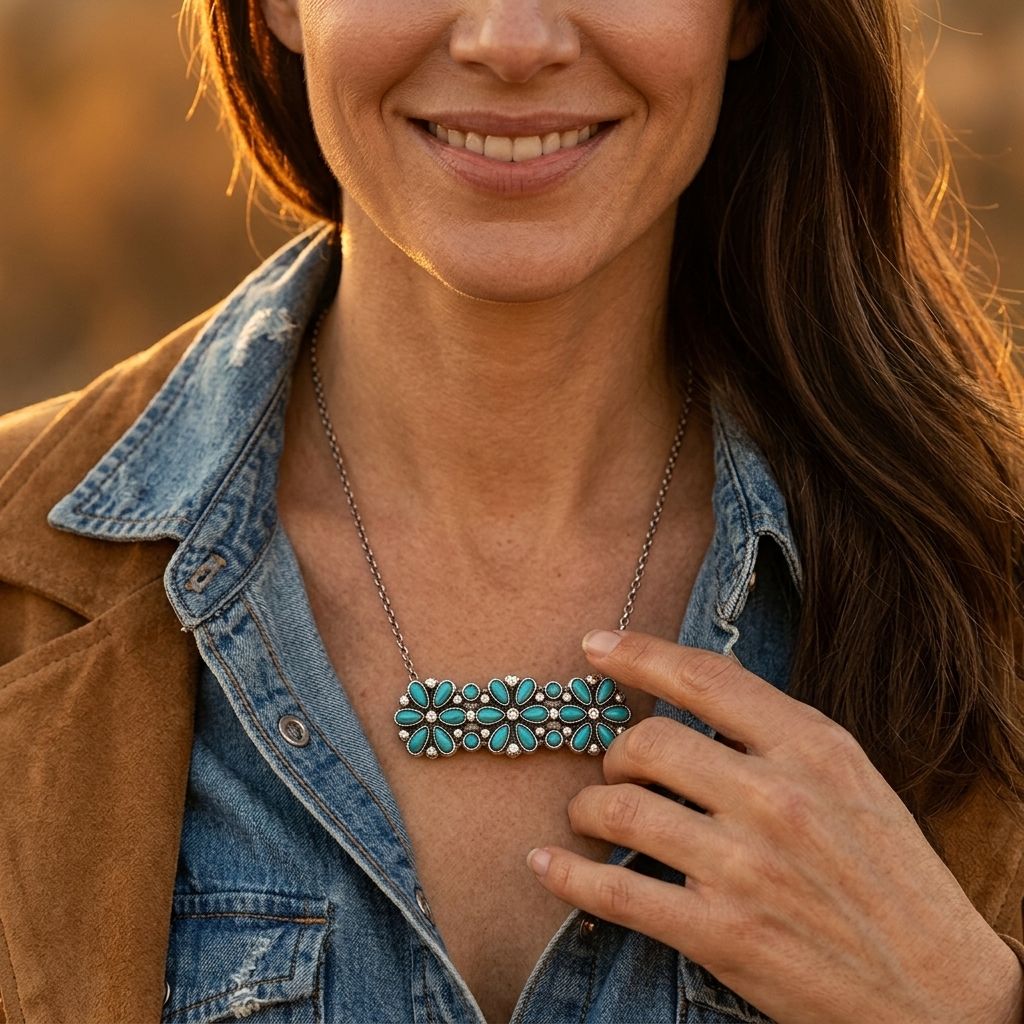 Boho Silver Turquoise Flower Inlay Necklace