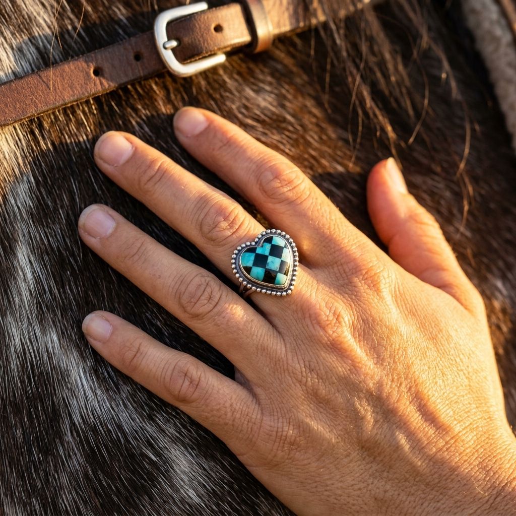 Vintage Silver Turquoise Checkered Heart Ring