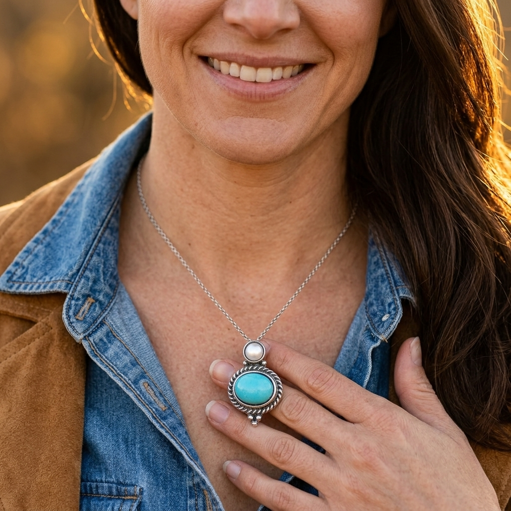 Turquoise Pearl Silver Oval Pendant Necklace