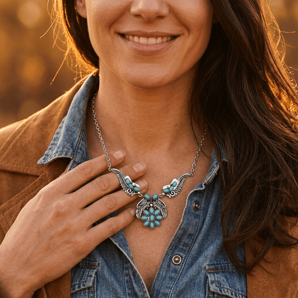 Bohemian Turquoise Inlaid Silver Statement Necklace