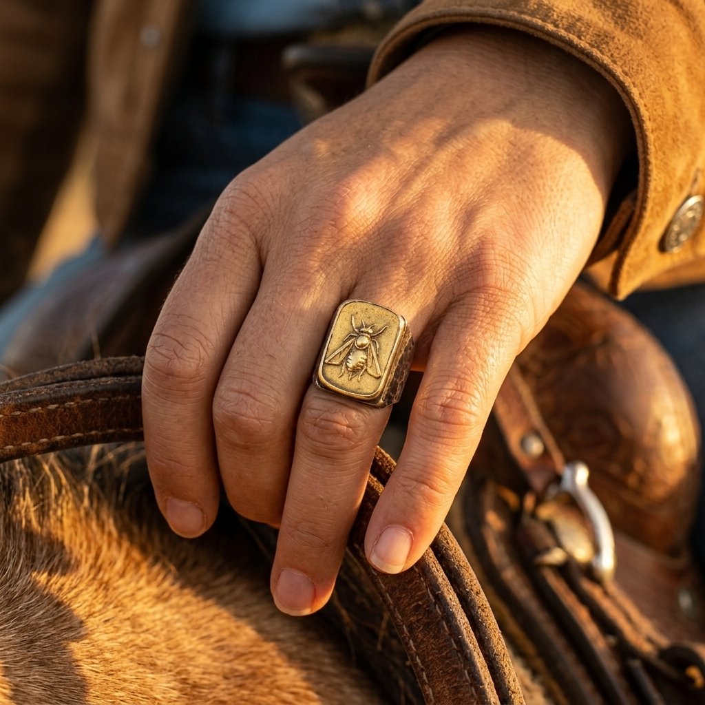Vintage Bronze Bee Engraved Square Ring