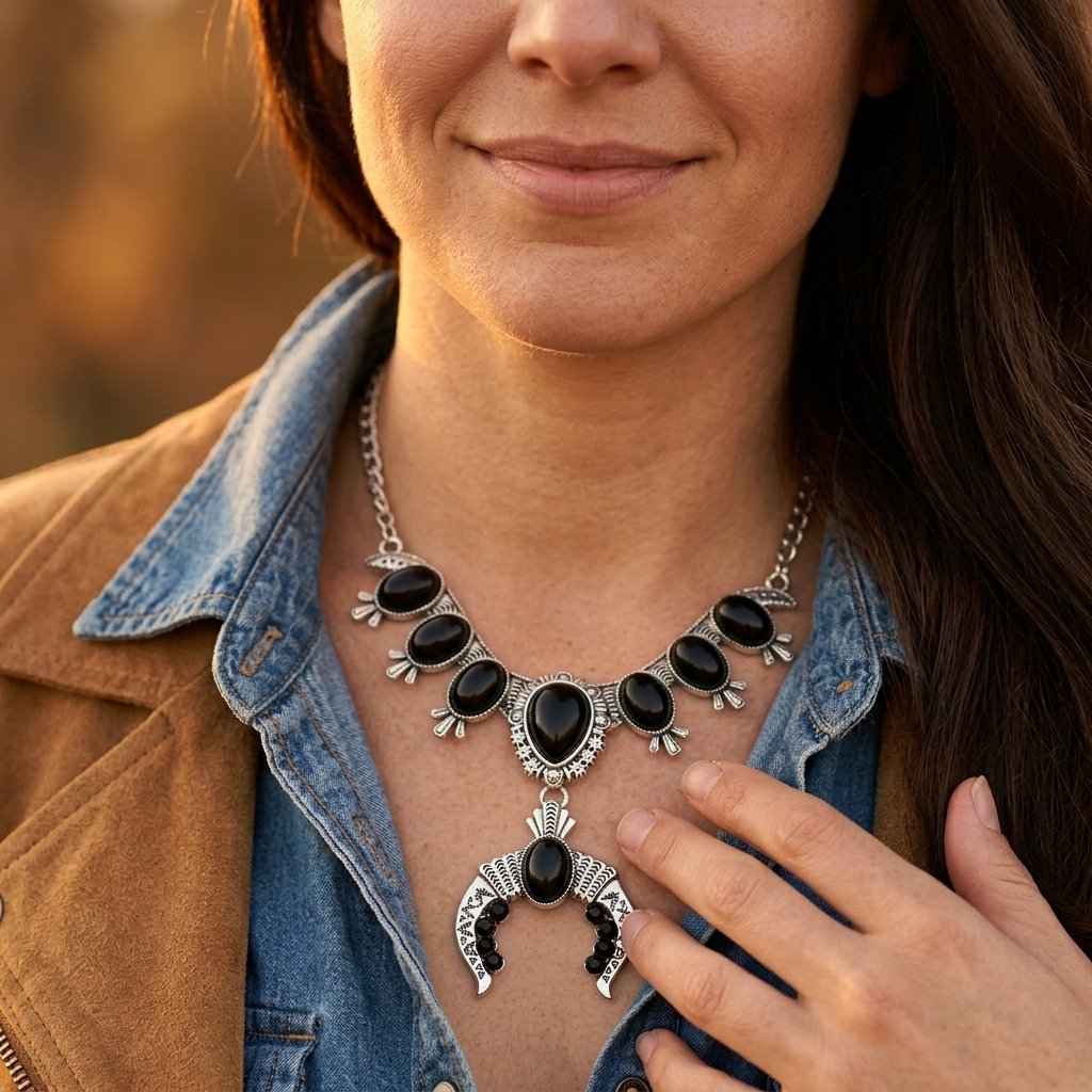 Boho Silver Black Onyx Crescent Necklace