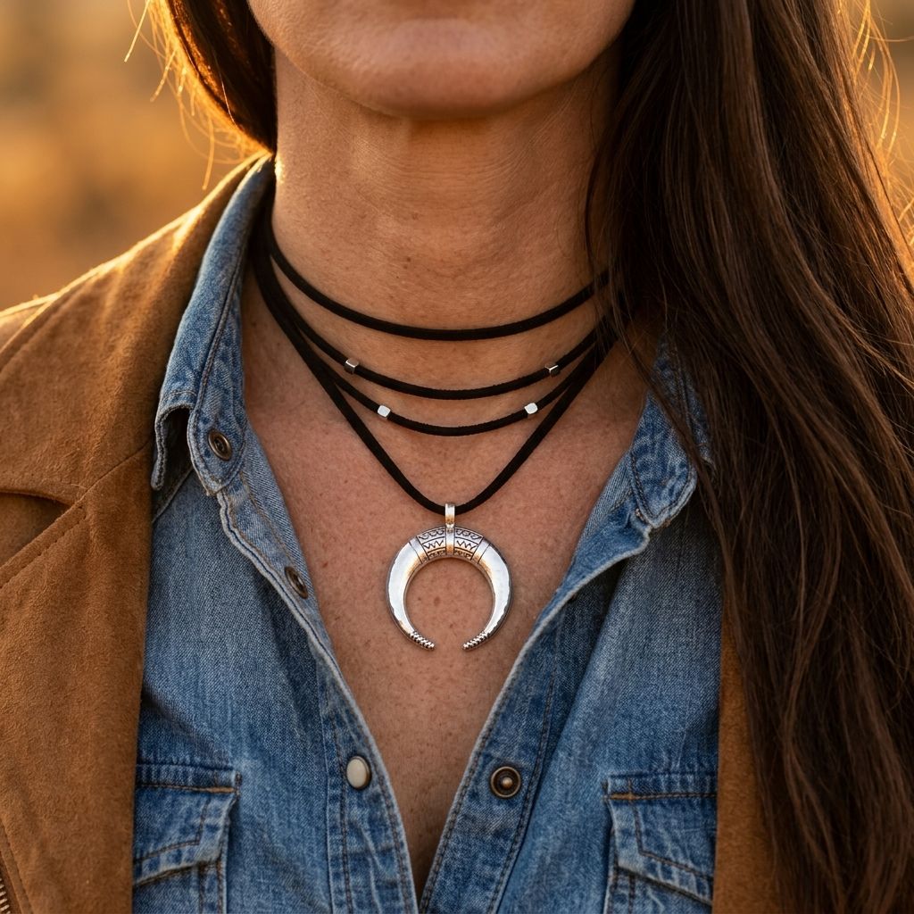 Vintage Silver Crescent Horn Inlay Necklace