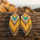 Bohemian Beaded Tassel Gold Turquoise Fringe Earrings
