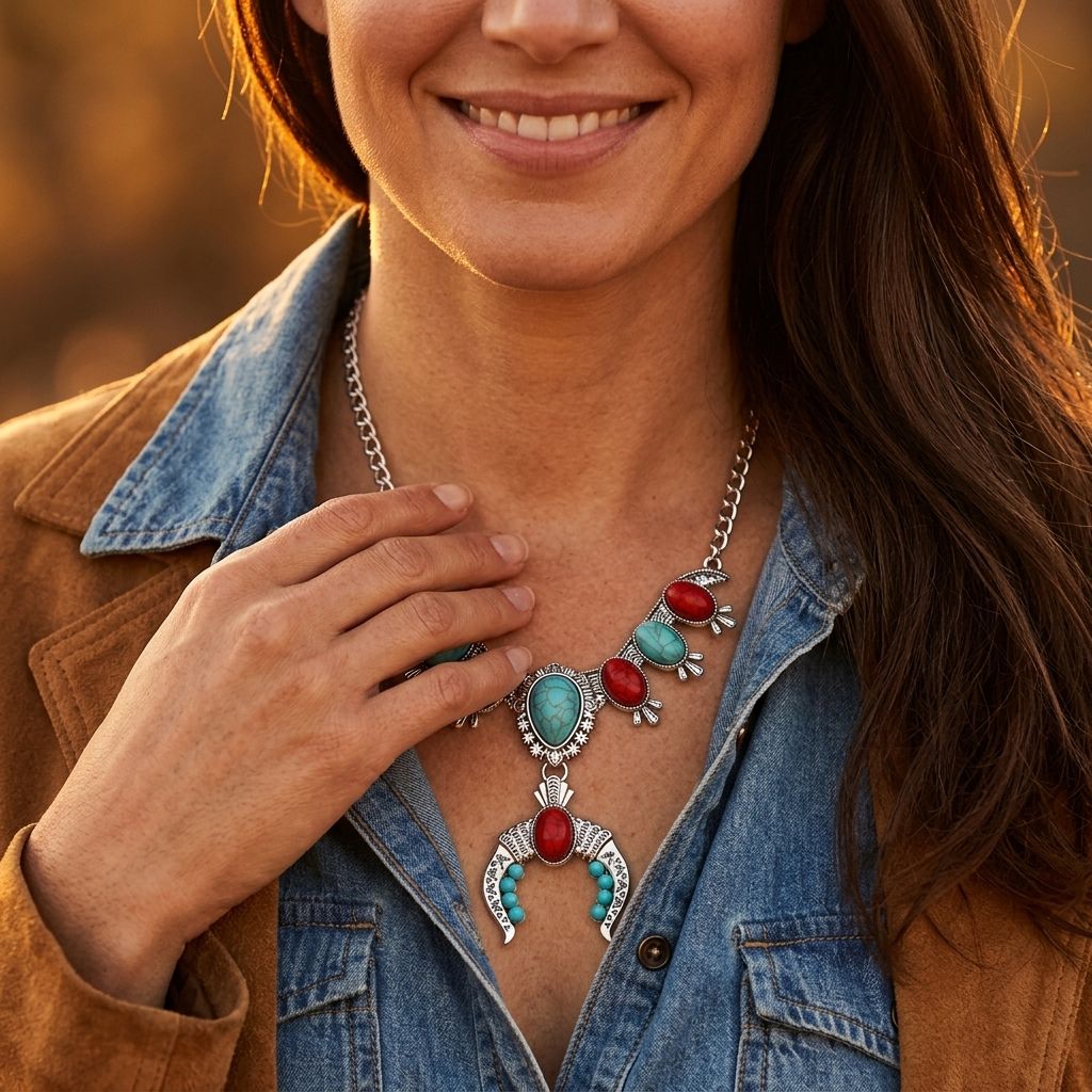 Southwestern Silver Turquoise Red Squash Necklace
