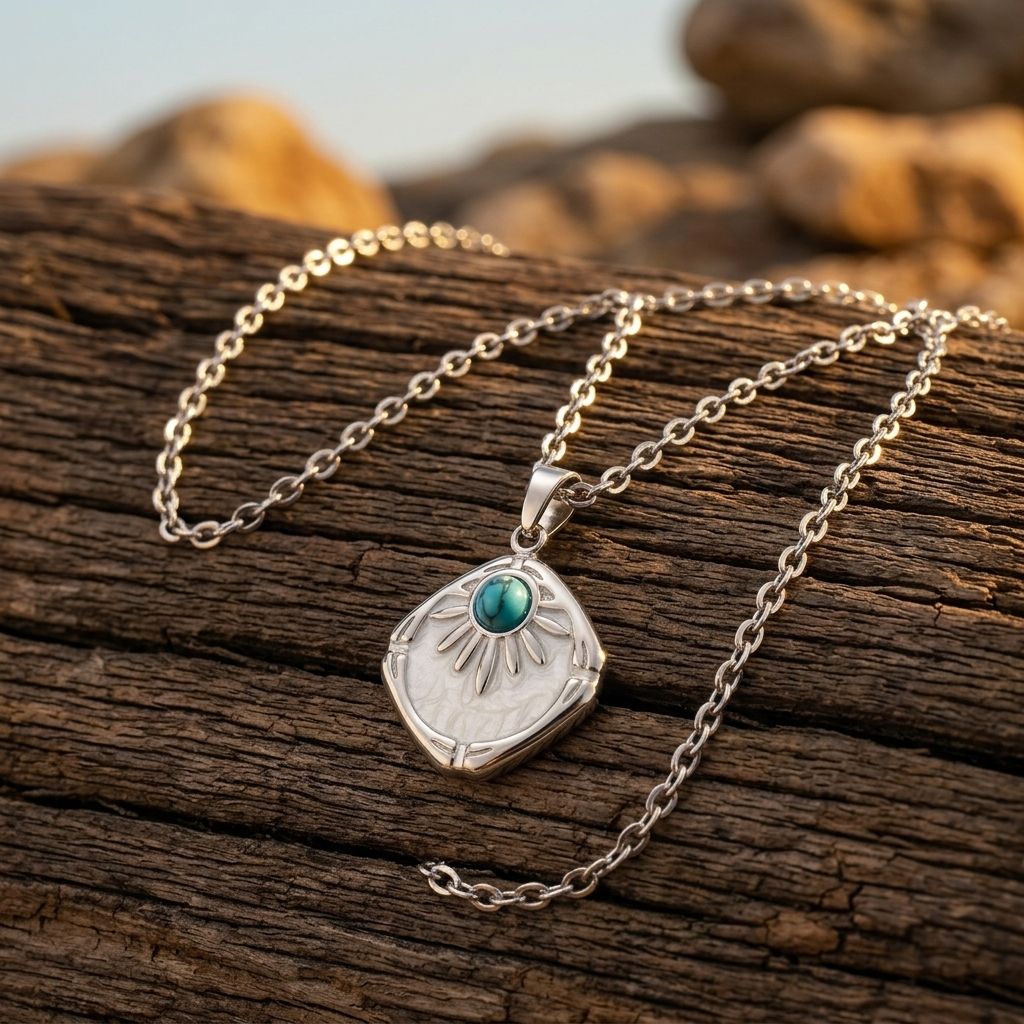 Vintage Silver Turquoise Sunburst Square Necklace