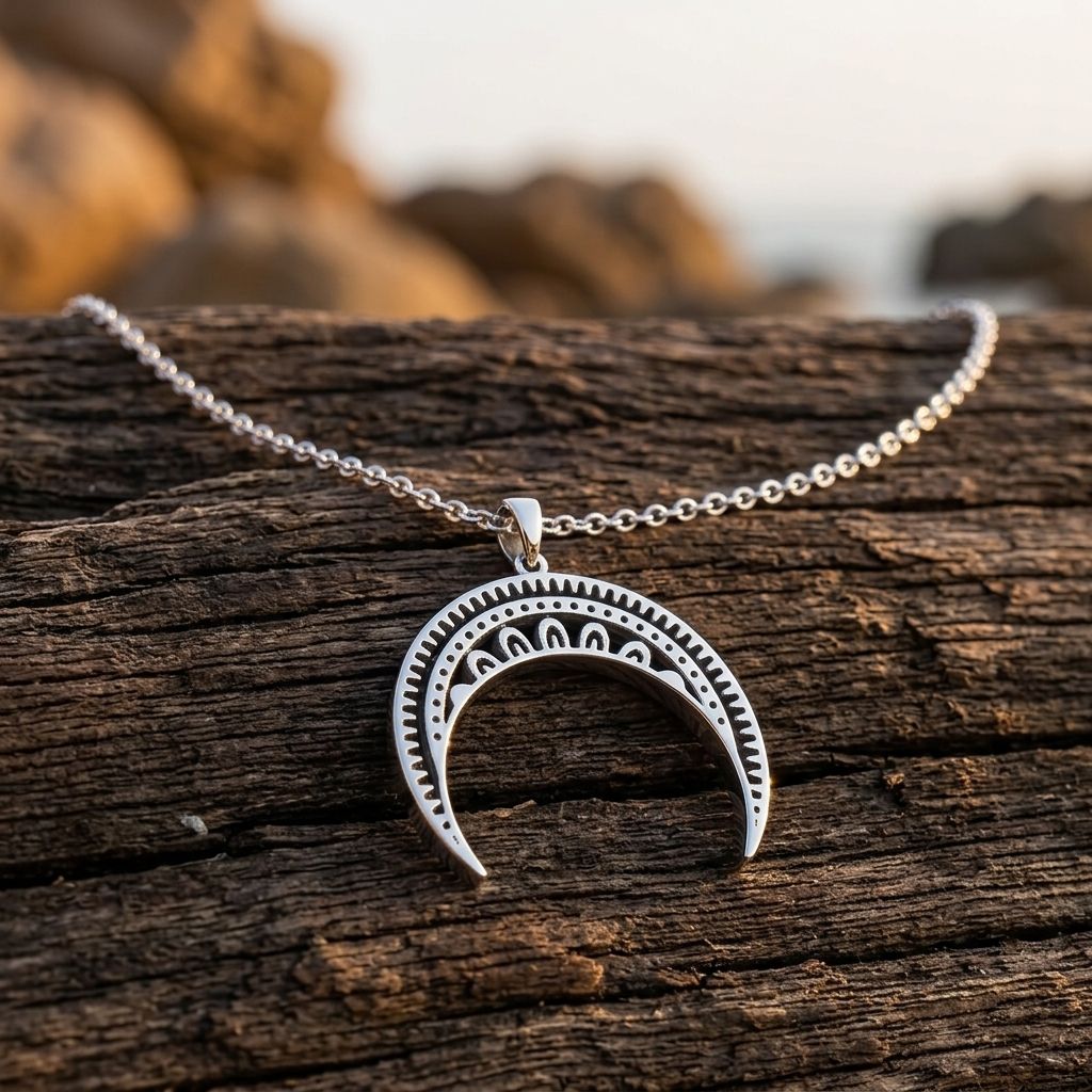 Boho Silver Crescent Moon Filigree Necklace