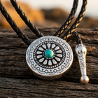 Western Turquoise Silver Medallion Bolo Tie Necklace