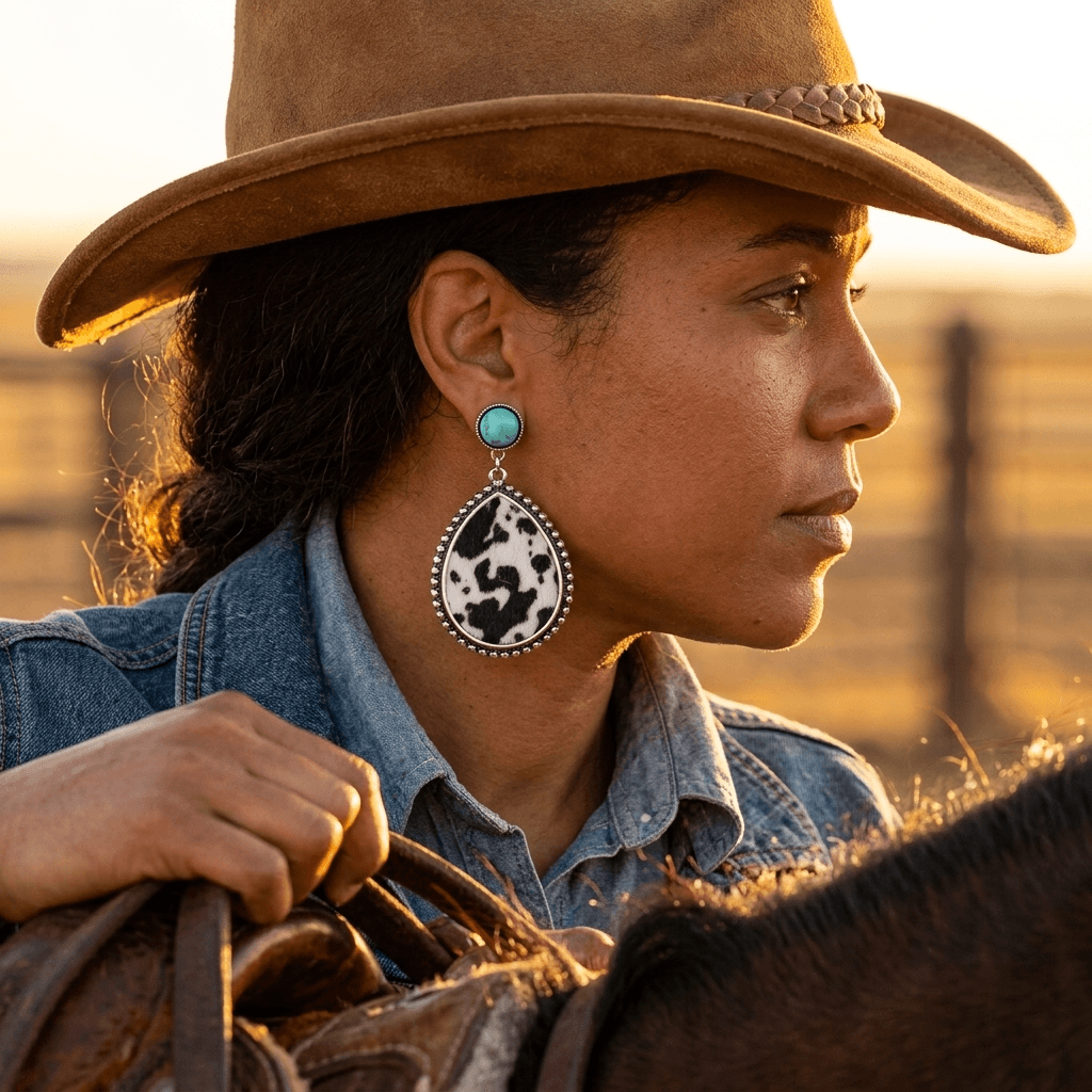 Western Turquoise Stone Cow Hide Dangle Earrings
