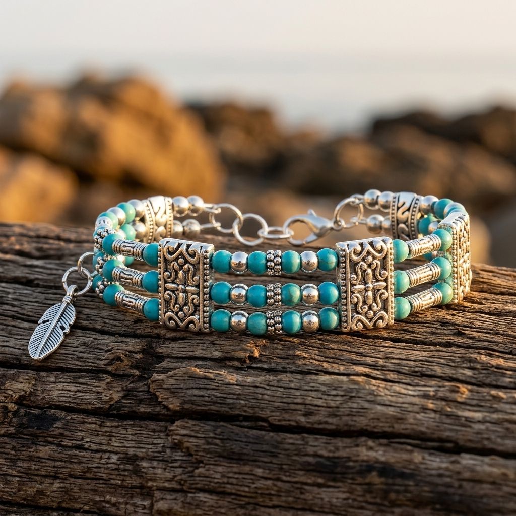 Boho Brass Turquoise Filigree Beaded Bracelet