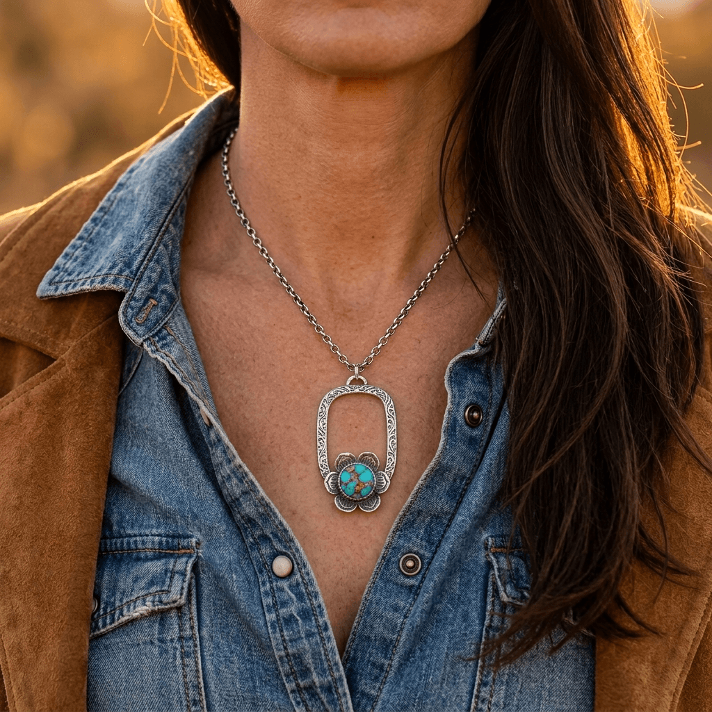 Retro Gold Hollow Oval Turquoise Necklace