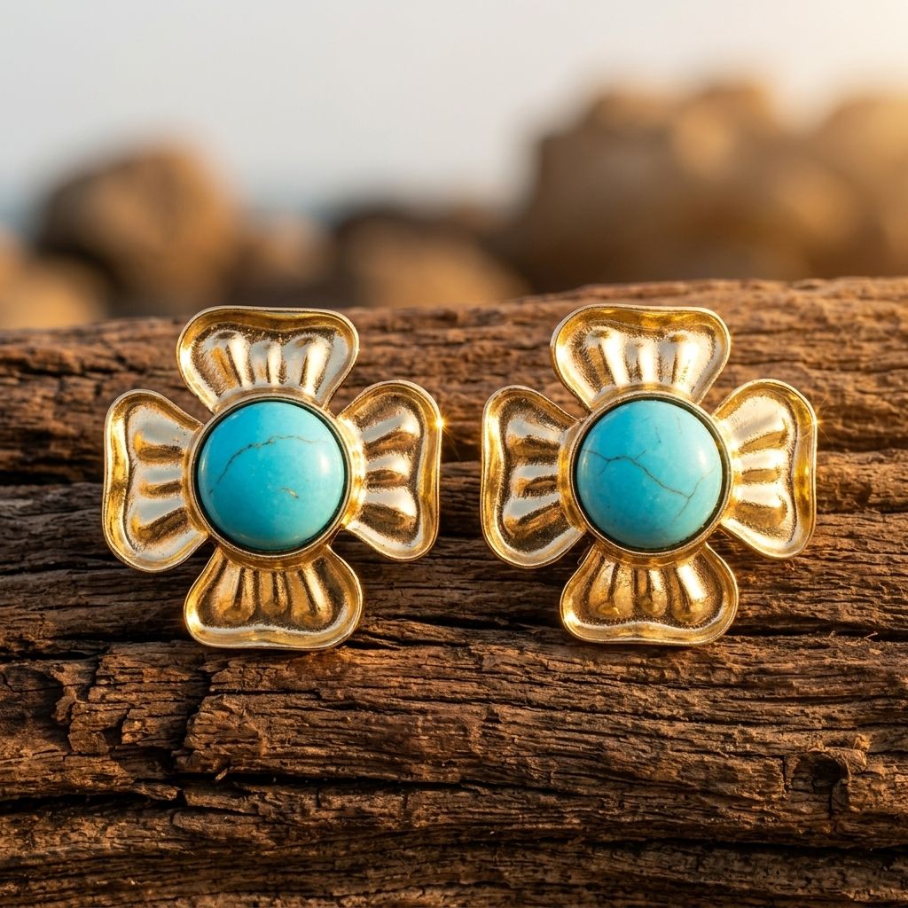 Vintage Gold Turquoise Floral Earrings