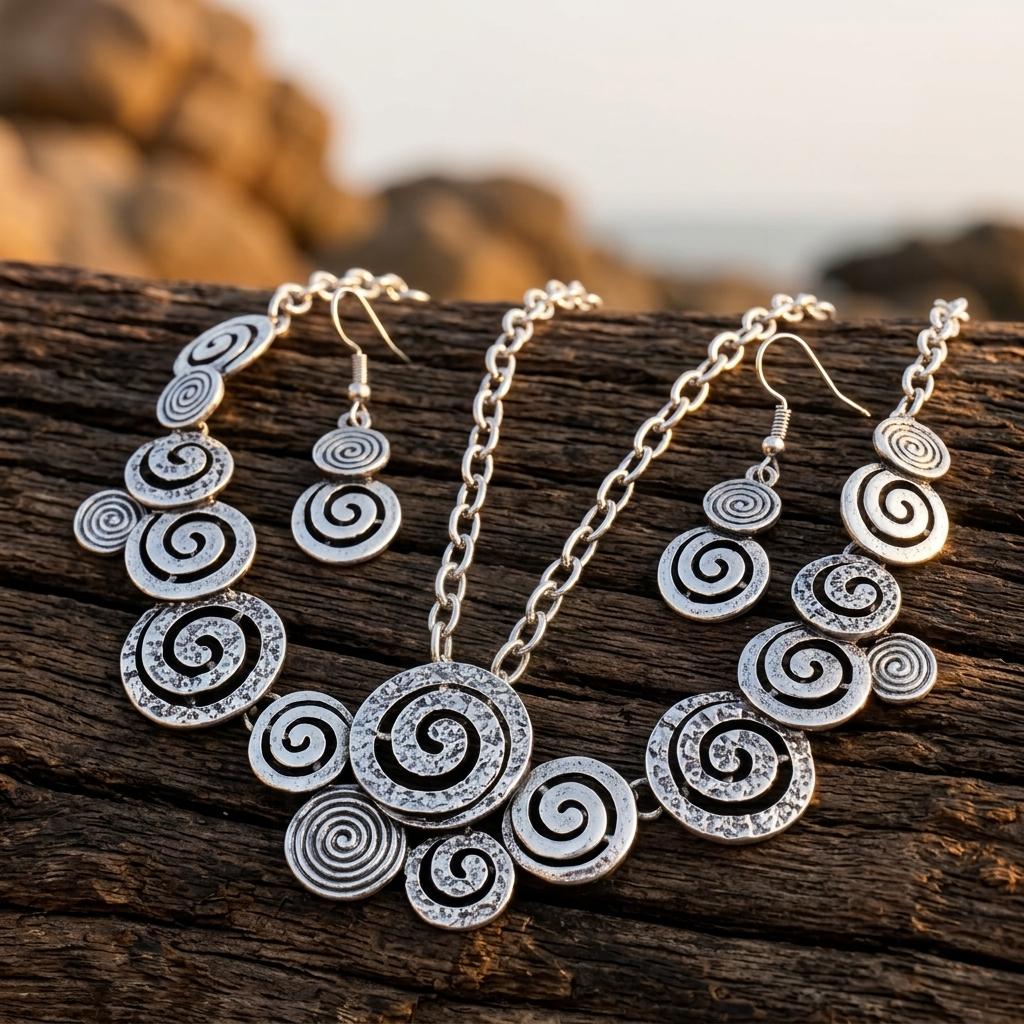 Vintage Silver Distressed Turquoise Necklace Earrings Set