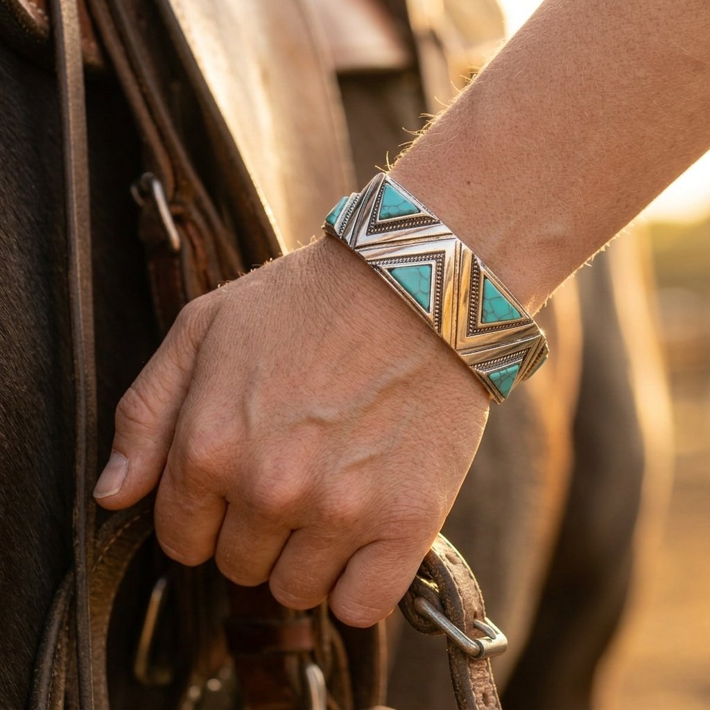 Bohemian Silver Turquoise Geometric Inlay Bracelet