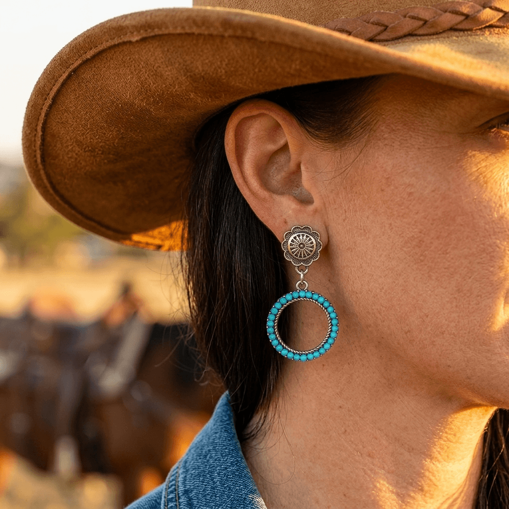 Vintage Silver Turquoise Beaded Circle Earrings