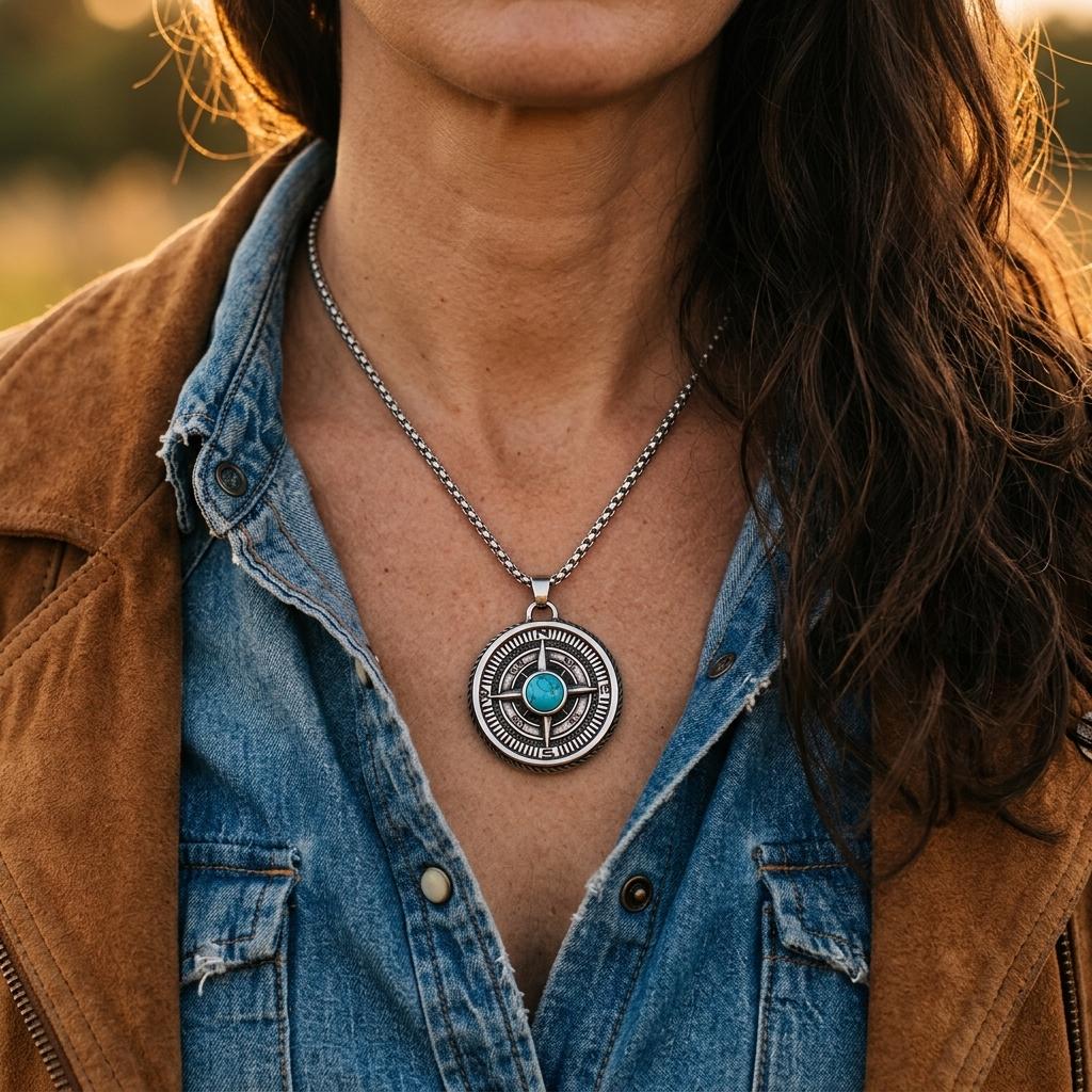 Vintage Silver Turquoise Compass Pendant Necklace