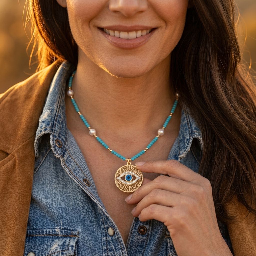 Boho Gold Turquoise Eye Necklace