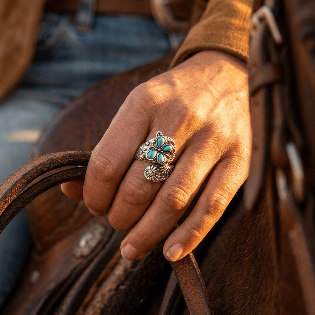 Vintage Floral Carved Turquoise Adjustable Ring