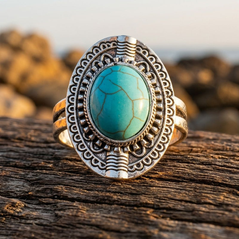Boho Silver Turquoise Oval Ring