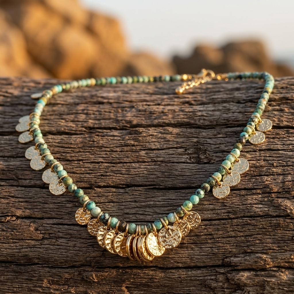 Boho Green Turquoise Beaded Gold Disc Necklace
