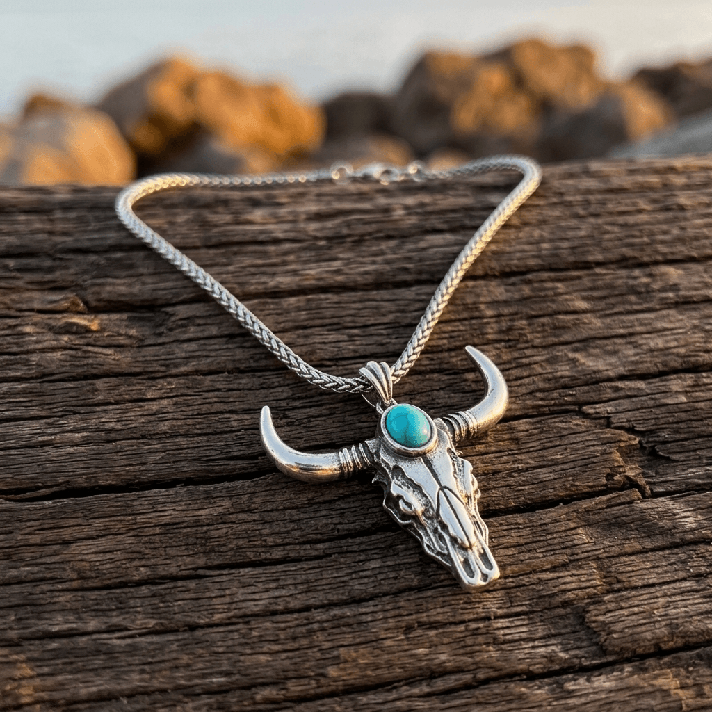 Western Bull Skull Turquoise Double Layer Necklace