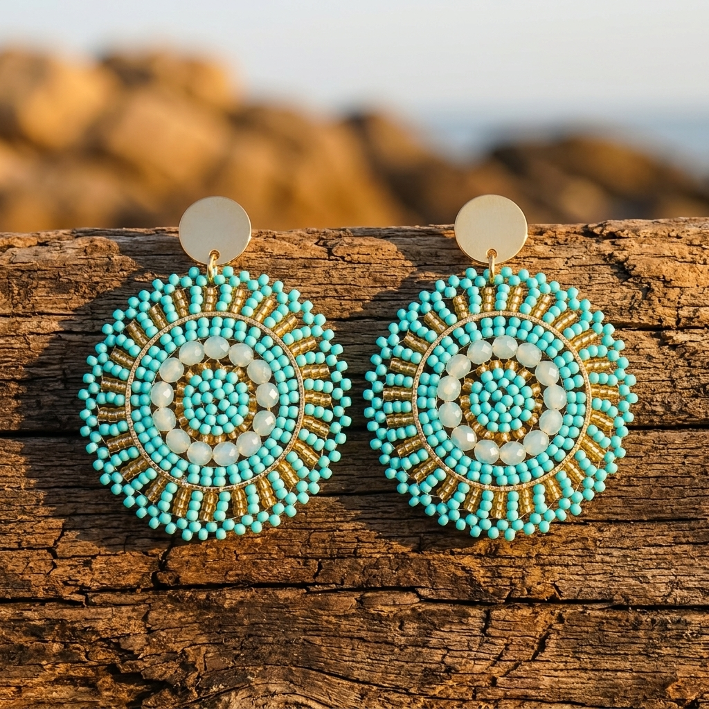 Bohemian Turquoise Gold Beaded Round Drop Earrings