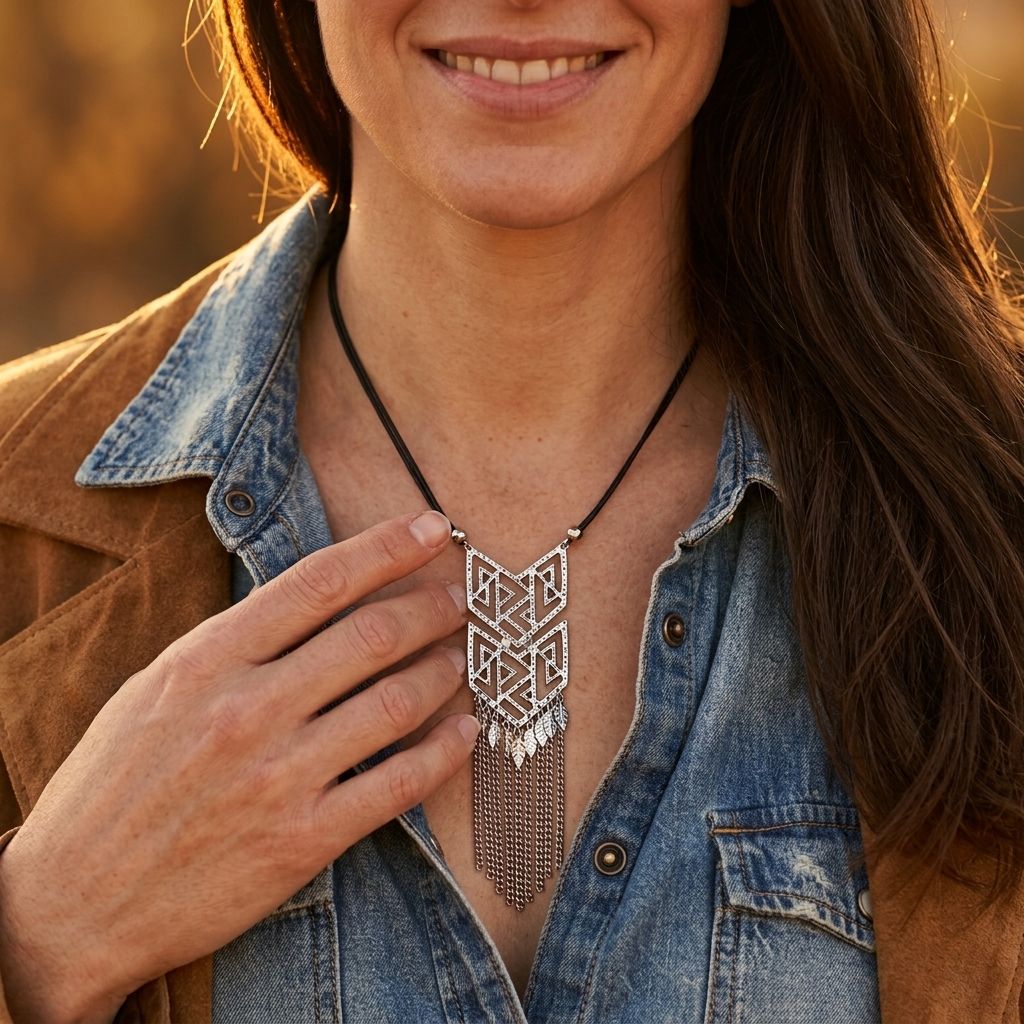 Vintage Silver Geometric Tassel Pendant Necklace