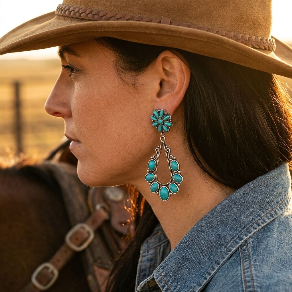 Boho Silver Turquoise Flower Earrings