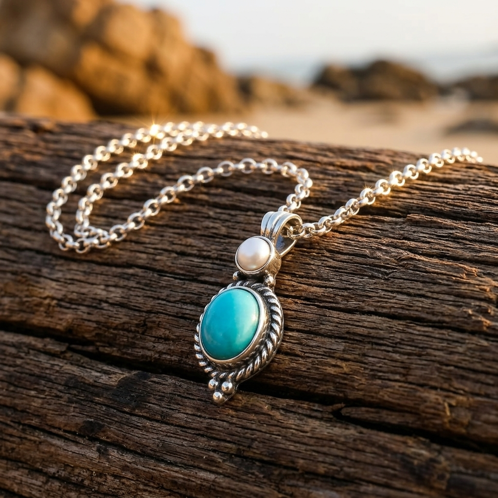 Turquoise Pearl Silver Oval Pendant Necklace