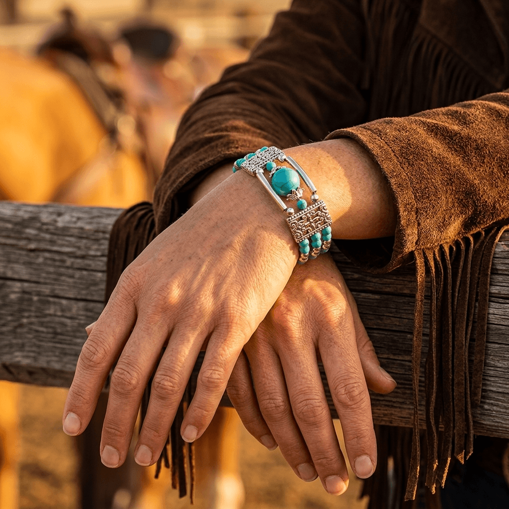 Turquoise Beaded Silver Ornate Bracelet