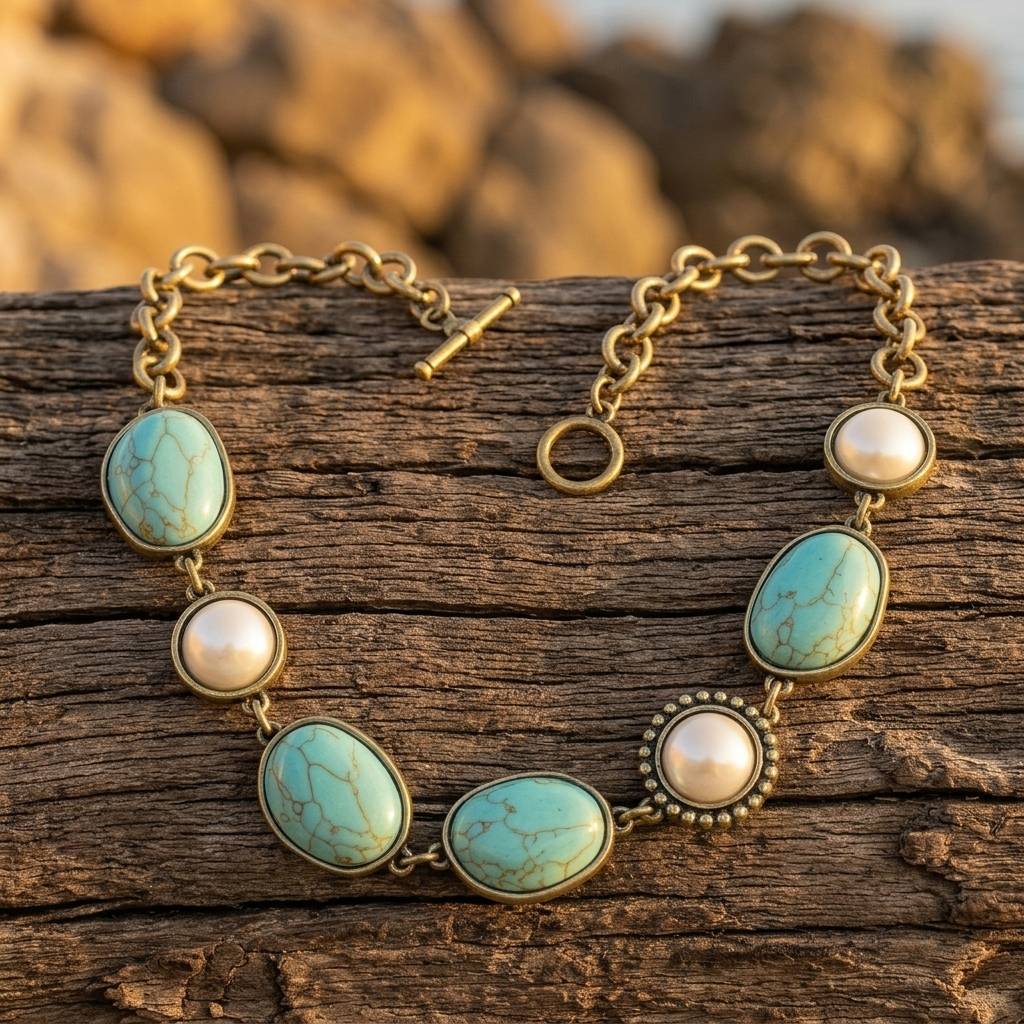 Vintage Gold Turquoise Pearl Link Necklace