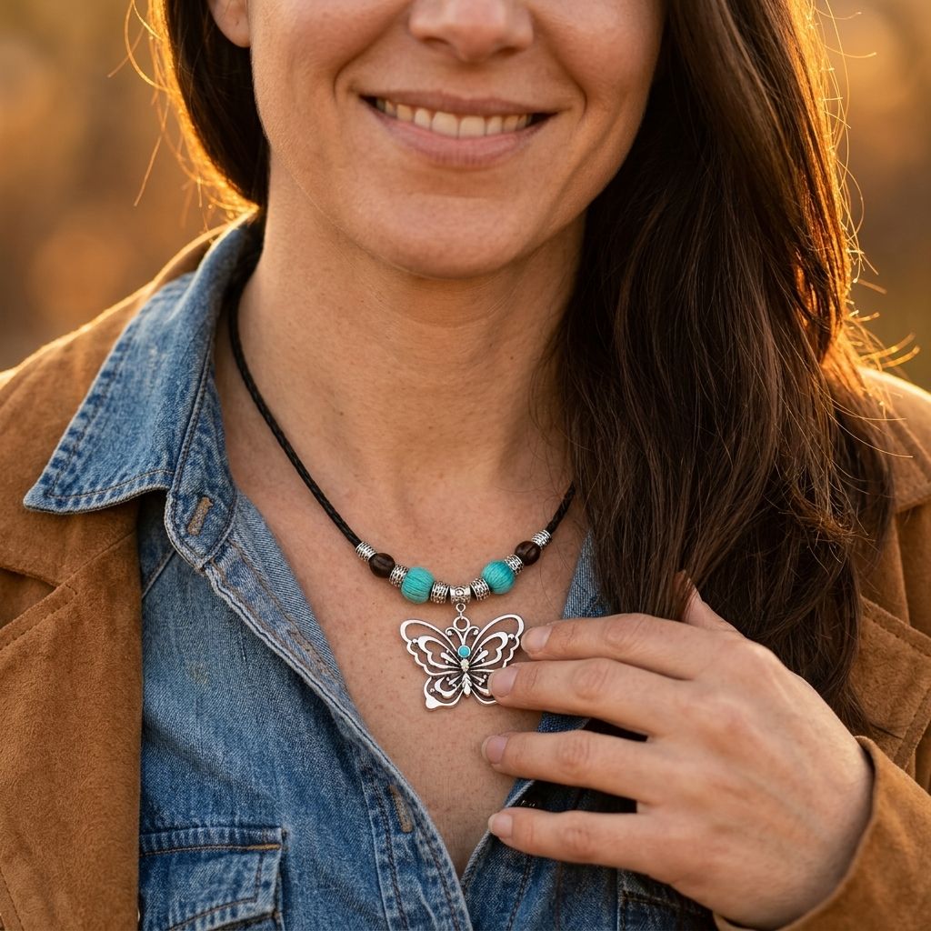 Boho Silver Turquoise Butterfly Necklace