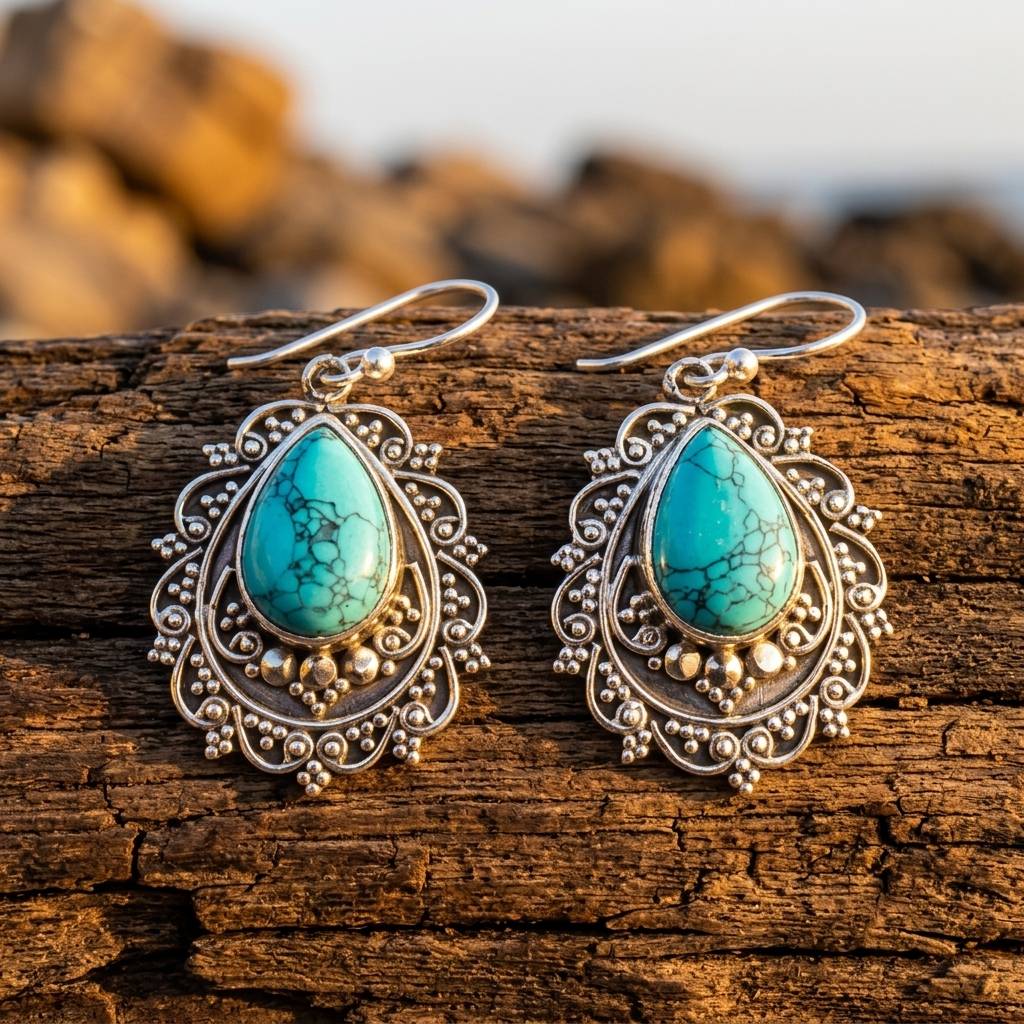 Boho Silver Filigree Turquoise Teardrop Earrings