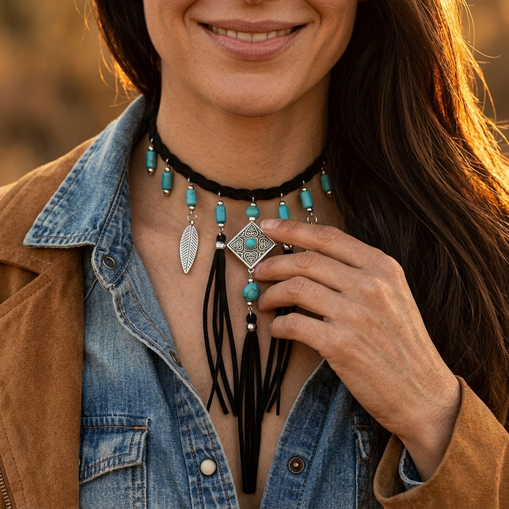 Boho Turquoise Beads Silver Leaf Tassel Necklace