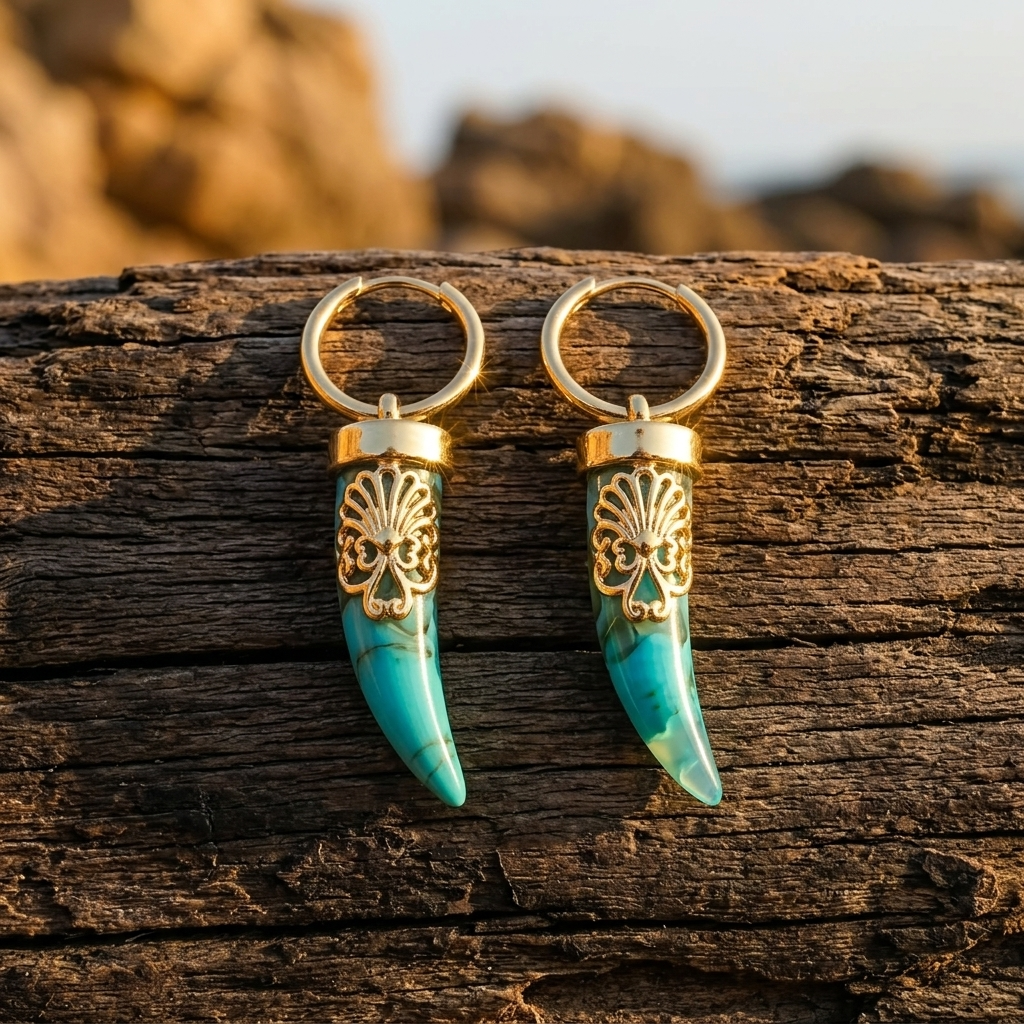 Turquoise Gold Ornate Tusk Earrings