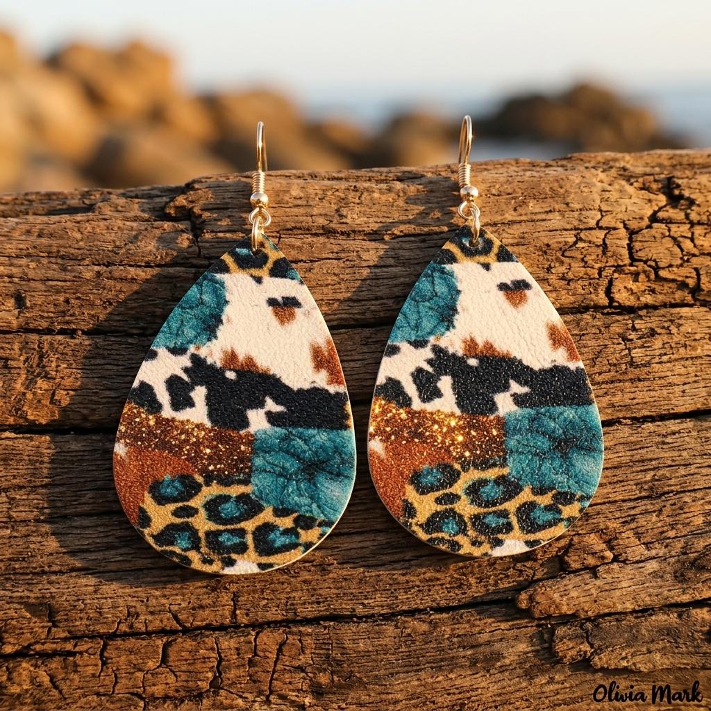 Western Cow Print Gold Geometric Drop Earrings