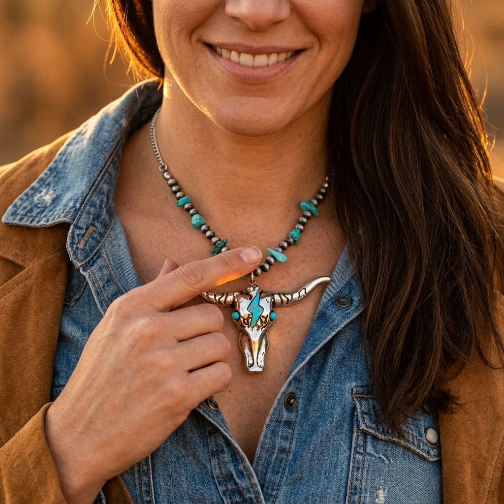 Boho Silver Turquoise Longhorn Pendant Necklace